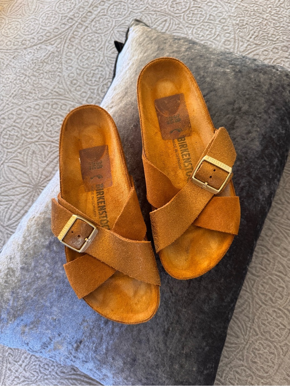 Birkenstock  Cross-Band Suede Sandals in Cognac Brown/ Gold
